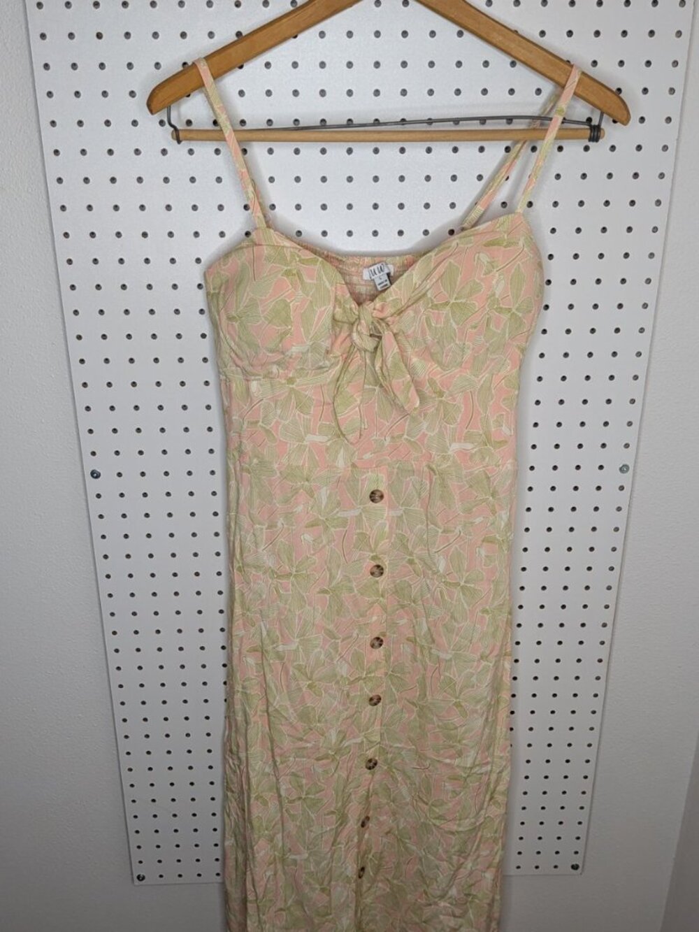 AUW Smocked Floral Midi Dress Cream Pink Button Front Cottagecore Coquette Large